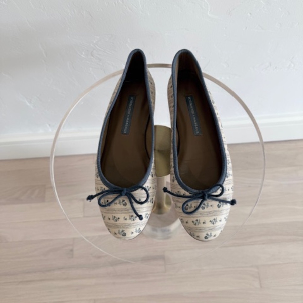 Schumacher x Margaux Blue and Cream Floral Flats 6.5